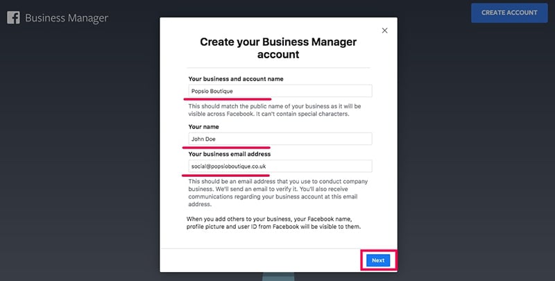 Create Facebook Business Manager Account form